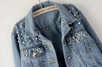 Women's Fashion Loose Embroidered Pearls Beading Cropped Denim Jacket Jean Coat
