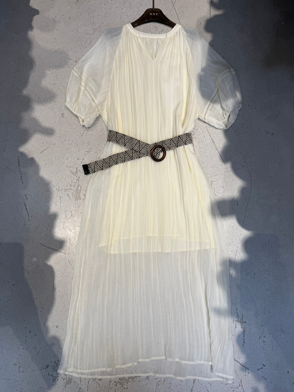 V-Neck Puff Sleeve Loose Flowy Maxi Dress with Woven Belt Included Crinkle Texture Elegant Casual Summer Dress White Dark Grey - Seldom Seen Styles