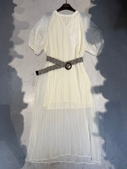V-Neck Puff Sleeve Loose Flowy Maxi Dress with Woven Belt Included Crinkle Texture Elegant Casual Summer Dress White Dark Grey