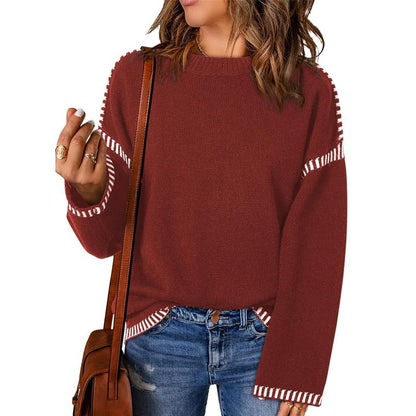 Sweaters for Women Fashion Solid Crewneck Loose Fit Long Sleeve Contrast Cable Knit Pullover Sweater Jumper Tops Knitwear Womenswear Knitwear Womenswear