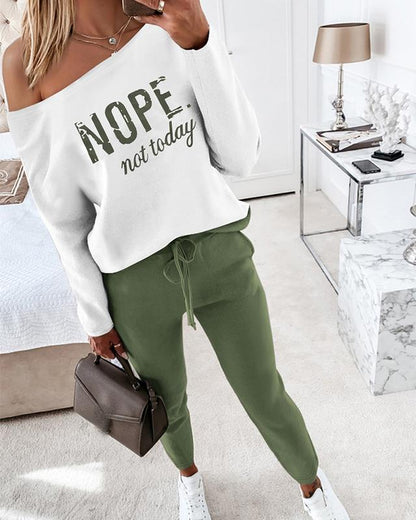 Women's 2 Piece Outfit Nope Not Today Print Skew Neck Long Sleeve Pullover Top with Stretchy Waist Long Pants Tracksuit Jogger Set