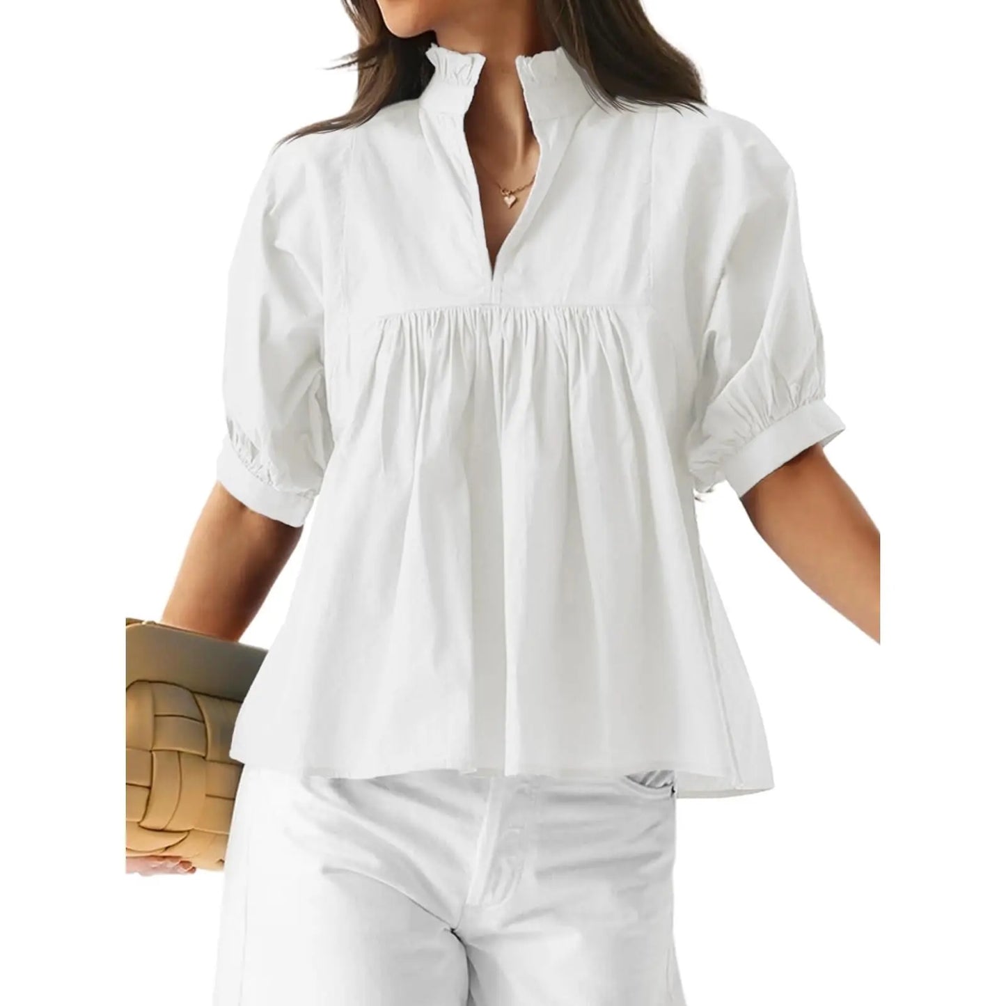 Cicy Bell Womens V Neck Puff Sleeve Blouse Babydoll Peplum Tops Dressy Casual Pleated Loose Fit Shirts - Seldom Seen Styles