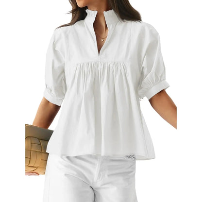 Cicy Bell Womens V Neck Puff Sleeve Blouse Babydoll Peplum Tops Dressy Casual Pleated Loose Fit Shirts