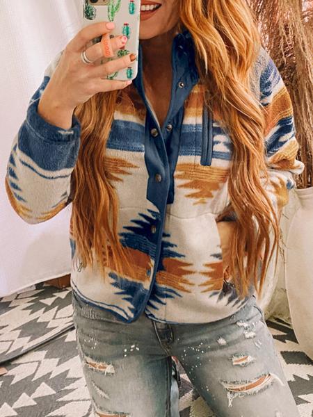 Women's Geometric Print Pocket Button Front Zipper Polar Fleece Spring Jacket, Casual Stand Collar Long Sleeve Coat for Fall & Winter, Women's Clothes for Daily Wear, Jackets & Coats, Fall Outfits, Fall Clothes, Preppy 80s Clothes - Seldom Seen Styles