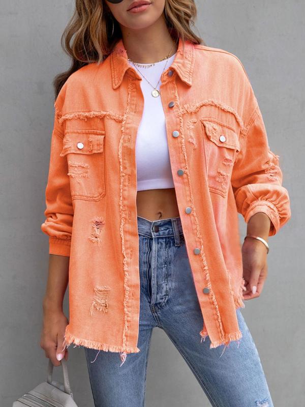 Women's Plain Ripped Raw Hem Button Front Drop Shoulder Coat, Casual Chic Pocket Long Sleeve Collared Outerwear for Daily Wear, Jackets - Seldom Seen Styles