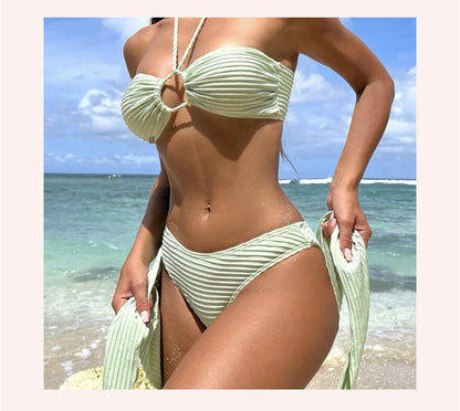 bikini Three-Piece Gauze Skirt Swimsuit Bikini Halter Solid Color Swimwear - Seldom Seen Styles