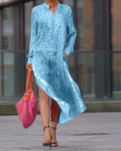 Women's Leopard Print Long Sleeve Split Maxi Dress V Neck Button Flowy Long Dress with Pockets Fashion Streetwears