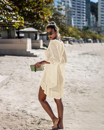 Hollow-out Sun Protection Shirt Bell Sleeve Beach Cover-up Bikini Cover  Hot Knitwear Swimsuit