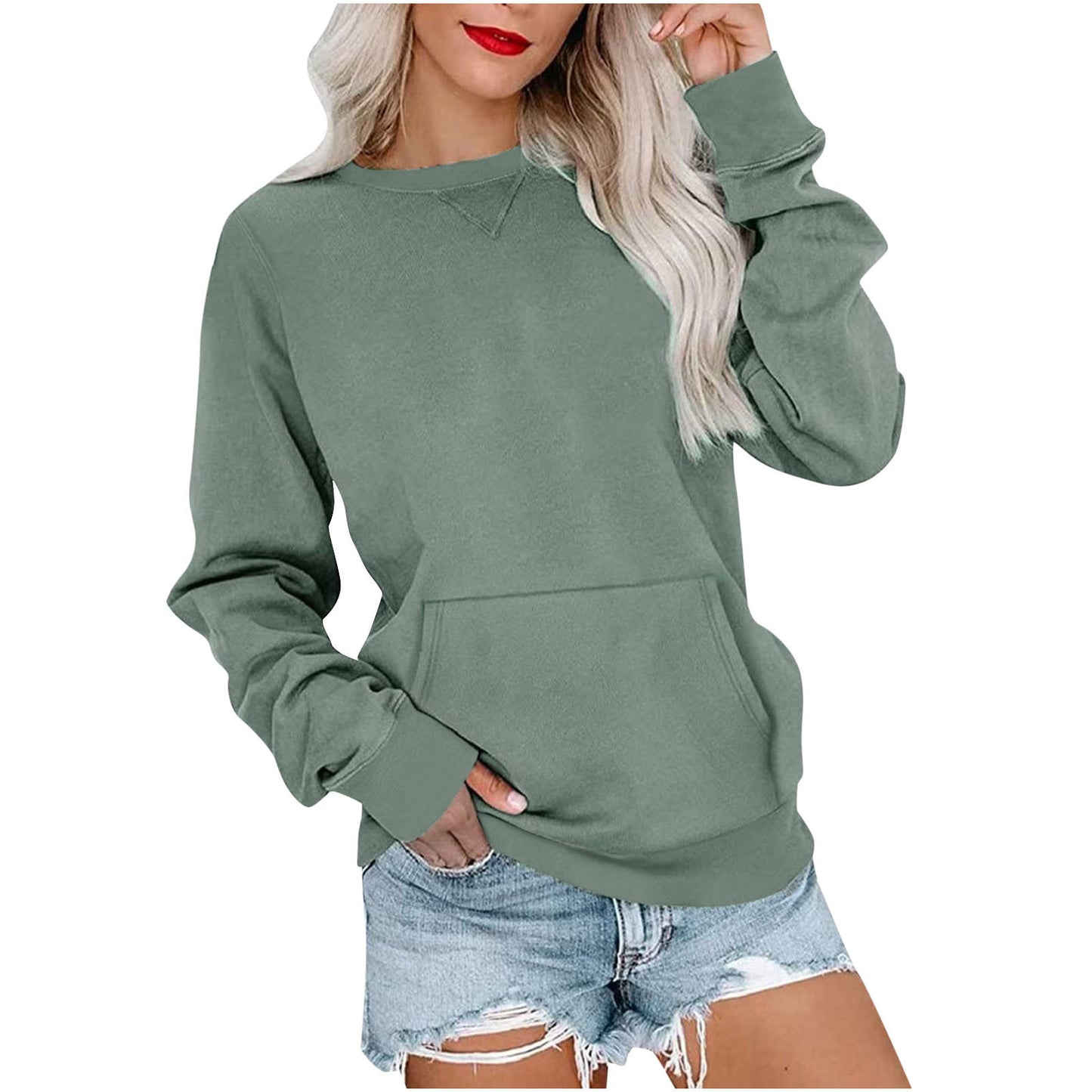 Women's Crewneck Hoodless Sweatshirt With Kangaroo Pocket Fleece Longsleeve Oversized Casual Style Shirt Lightweight Pullover - Seldom Seen Styles