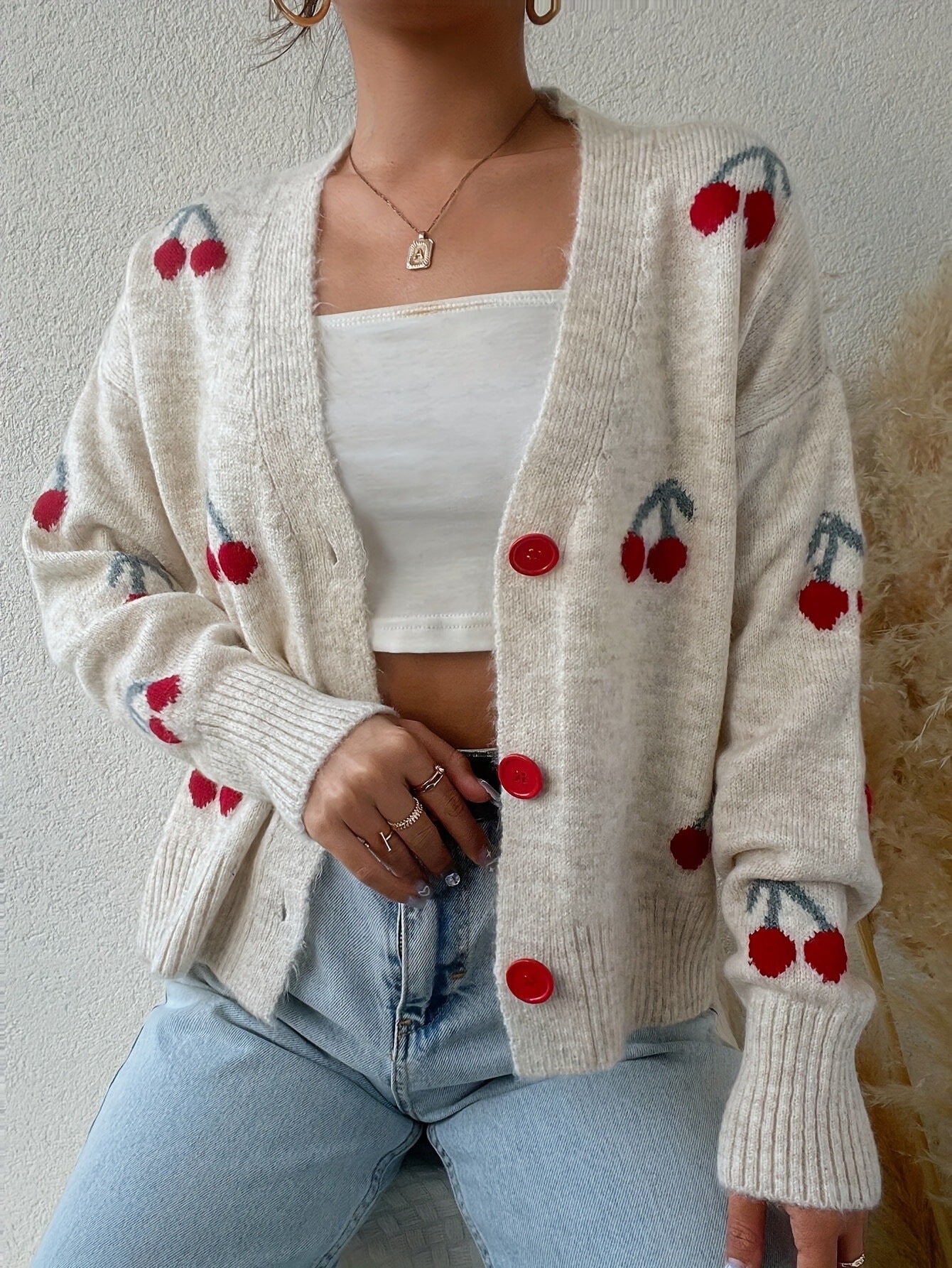 Women's Cherry Pattern Button Front Knitting Longsleeves Cardigan, Casual Elegant Long Sleeve Sweater Cardigan for Fall &amp; Winter, Women's Knit Clothing for Daily Wear, Cardigan for Women, Women's Cardigan, Womenswear, Knitwear, Clothe - Seldom Seen Styles