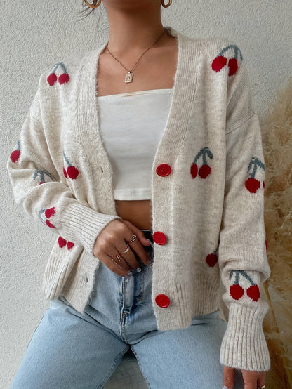 Women's Cherry Pattern Button Front Knitting Longsleeves Cardigan, Casual Elegant Long Sleeve Sweater Cardigan for Fall &amp; Winter, Women's Knit Clothing for Daily Wear, Cardigan for Women, Women's Cardigan, Womenswear, Knitwear, Clothe