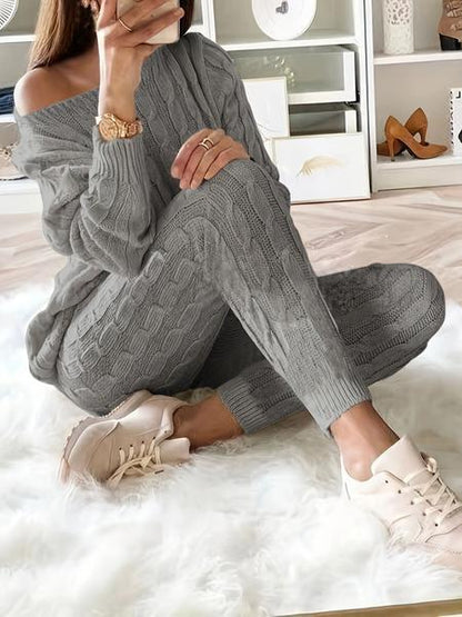 Women's Solid Sweater & Pants Set, Casual Fashion Cozy Top & Trousers for Fall, 2 Piece Sets Women, Women's Fall Knitwear Outfits, Sweater Sets, Sweater Co-ords