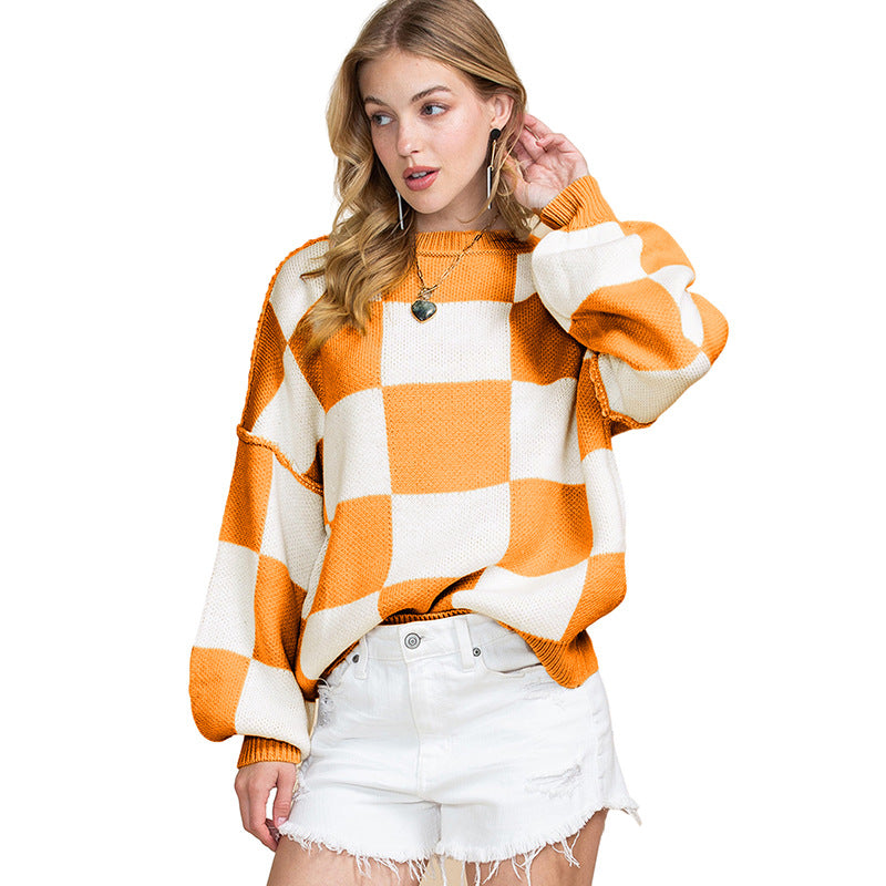 Leisure Style Plaid Printed Long-Sleeved Top Women's Autumn New Warm Pullover Crew Neck Sweater