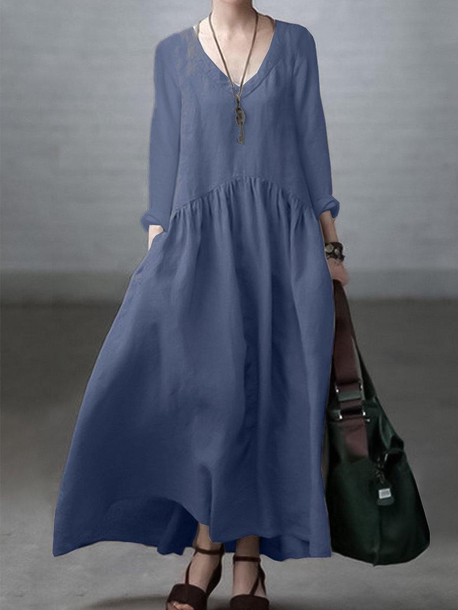 Simple and Loose V-neck Cotton and Linen Dress - Seldom Seen Styles