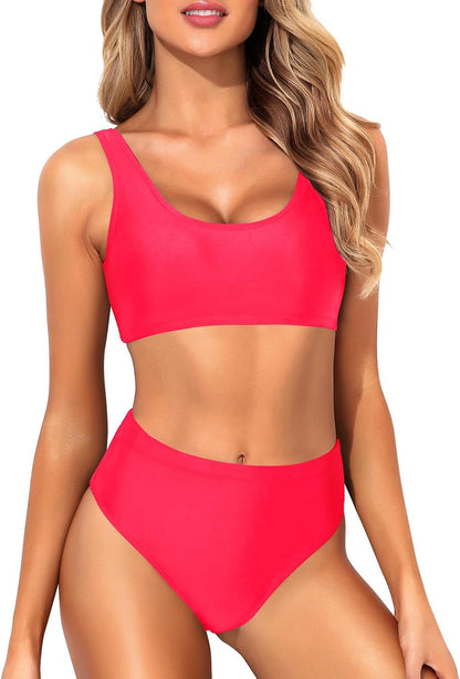 Women Two Piece Scoop Neck Bikini Crop Top Swimsuit Sporty High Waisted Bathing Suit - Seldom Seen Styles