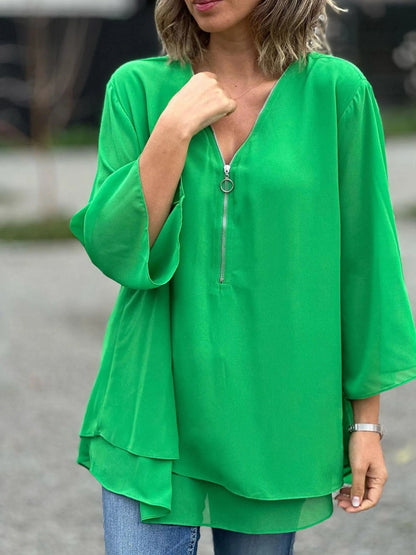 Womens V-Neck Lantern Sleeve Blouse Zipper Design Loose Casual Top Shirts