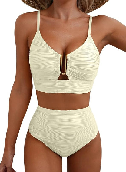 2 Piece Bikini Set V Neck Cutout Swimsuit High Waisted Textured Ruched 2025 Summer Beach Swim Bathing Suits - Seldom Seen Styles