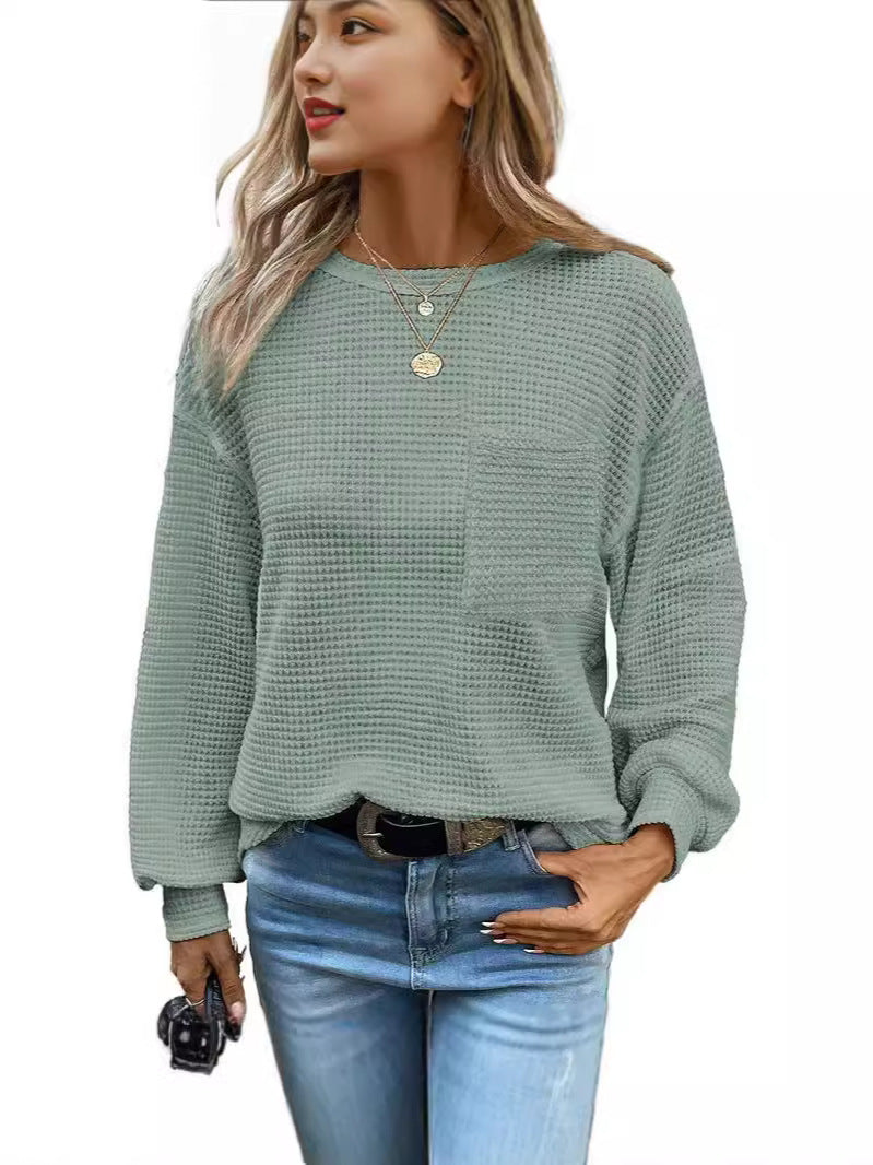 Womens Waffle Knit Tops 2025 Oversized Long Sleeve Crewneck Shirts Business Casual Blouses Basic Shirts - Seldom Seen Styles