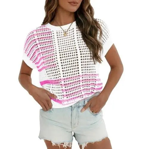 Fisoew Women's Bohemian-Inspired Beige Crochet Top with V-Neck #Springtok #TikTokShopJumpstartSale Casual Chic - Seldom Seen Styles