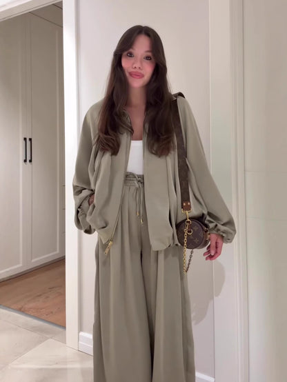 Women's 2 Piece Outfits Oversized Fleece Sweatsuit Zip Up Long Sleeve Sweatshirt with Wide Leg Sweatpants