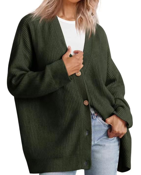 Online European and American Style Simple All-Match Knitted2023Cross-Border Women's Clothing Amazon ButtonsVCollar Solid Color Sweater for Women