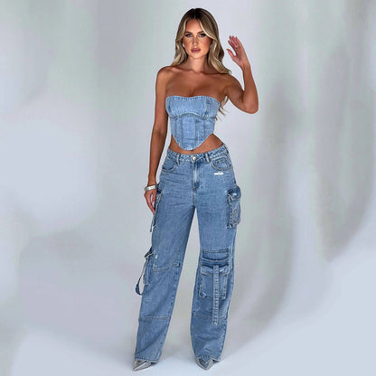 Women's Straight Fit Multi Pocket Denim Trousers  Denim suit