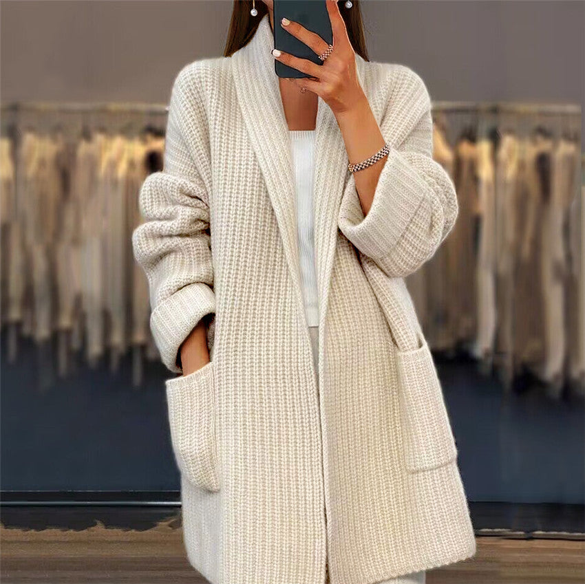 Foreign trade women's clothing2024Autumn and Winter New Women's Thickened Solid ColorVCollar Knitted Cardigan Loose Pockets Sweater Coat