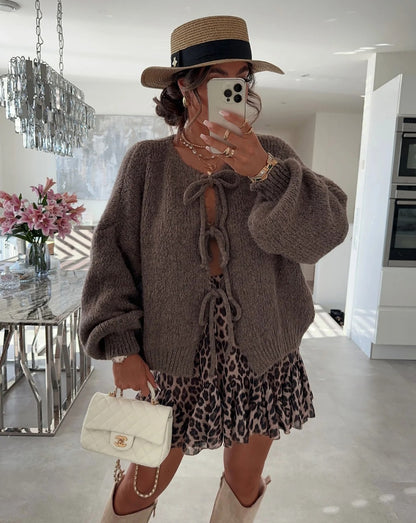 Women's Slouchy Solid Color Tie Front Drop Shoulder Lightweight Cardigan,Fashion Ladies' Knit Clothing for Daily Wear,Long Sleeve Cardigans for Fall & Winter