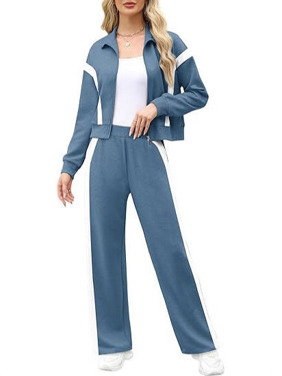 Women's 2 Piece Lounge Outfits Zip Up Sweat Set Contrast Striped Wide Leg Jogging Pants Travel Track Suit