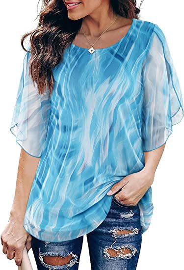 Women's Tops 3/4 Sleeve Blouses Dressy Casual Double Layers Mesh Tunic Shirts