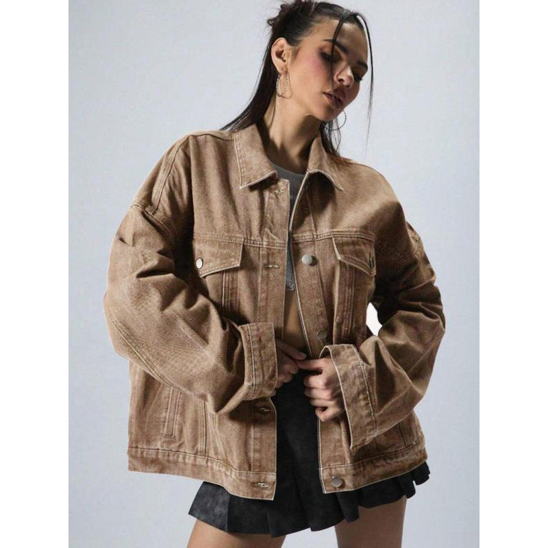 Women's Plain Button Front Drop Shoulder Denim Coat, Casual Long Sleeve Collared Pocket Outerwear for Daily Wear, Ladies Clothes for All Seasons, Clothing for Women - Seldom Seen Styles