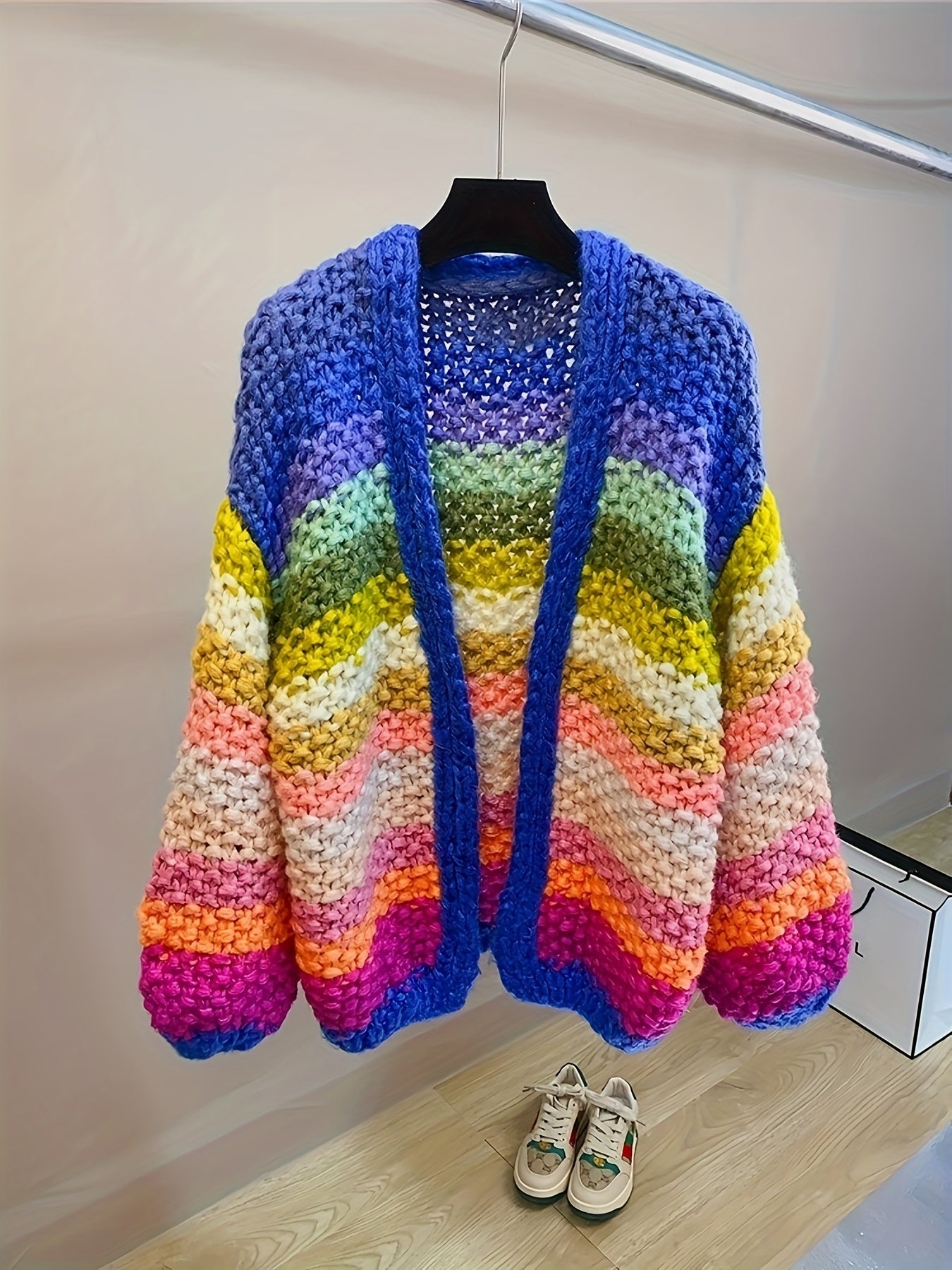 Rainbow Striped Chunky Knit Cardigan, Casual Drop Shoulder Loose Sweater For Fall & Winter, Women's Clothing