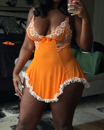 Lace Bowknot Lingerie Set – Spaghetti Strap V-Neck Sleepwear with Thong