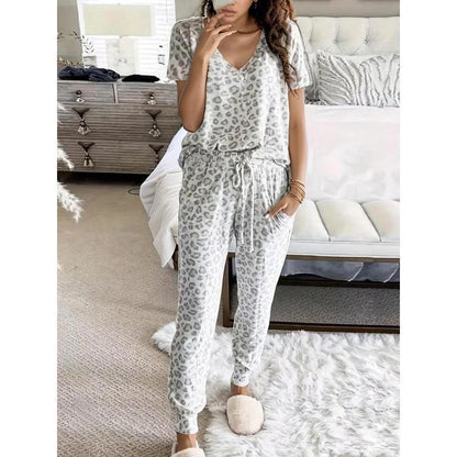 Two-piece Set Women's Leopard Print Drop Shoulder Top & Drawstring Pants Pyjama Set, Soft Casual Comfortable Long Sleeve Top & Pocket Trousers Pj Set, Women's Sleepwear for Spring & Fall, Glam Lounge Wear, Loungesetwomen, Pajamas, Womenswea Fit Loungewear