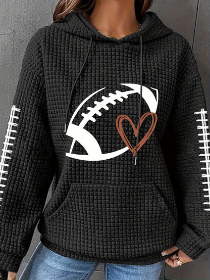 Cozy Plus Size Womens Hoodie - Heart Rugby Print Waffle Knit