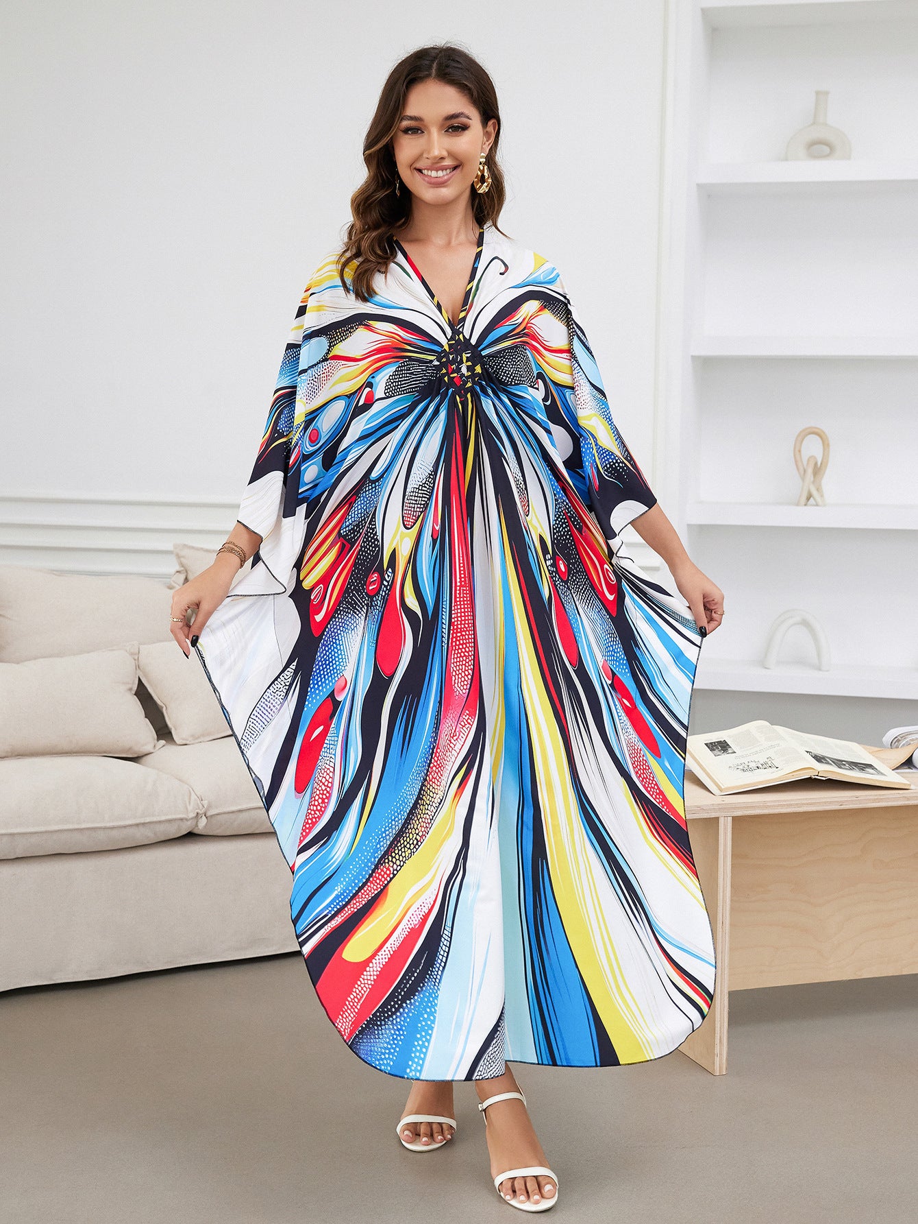 [Plus Size] Butterfly/feather Print Ruched Split Hem Tunic Dress, Valentine's Day Elegant Batwing Sleeve V Neck Long Dress for Summer, Casual Womenswear, Gift, Homecoming Dresses, Women's Clothes for Beach Holiday Vacation, Moo Moo Dresses