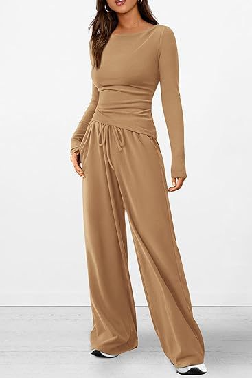 Ensembles de détente 2 pièces pour femmes : t-shirt asymétrique à manches longues, pantalon large, tenue décontractée, survêtement, vêtements minimalistes basiques 