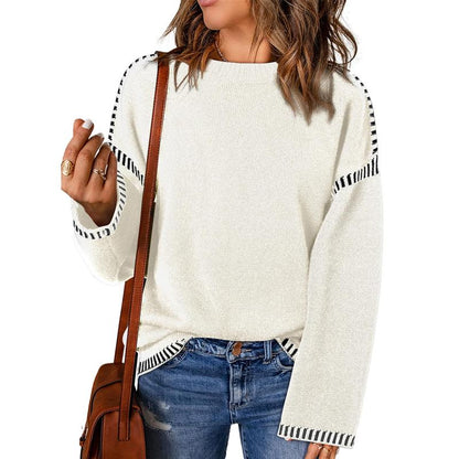 Sweaters for Women Fashion Solid Crewneck Loose Fit Long Sleeve Contrast Cable Knit Pullover Sweater Jumper Tops Knitwear Womenswear Knitwear Womenswear