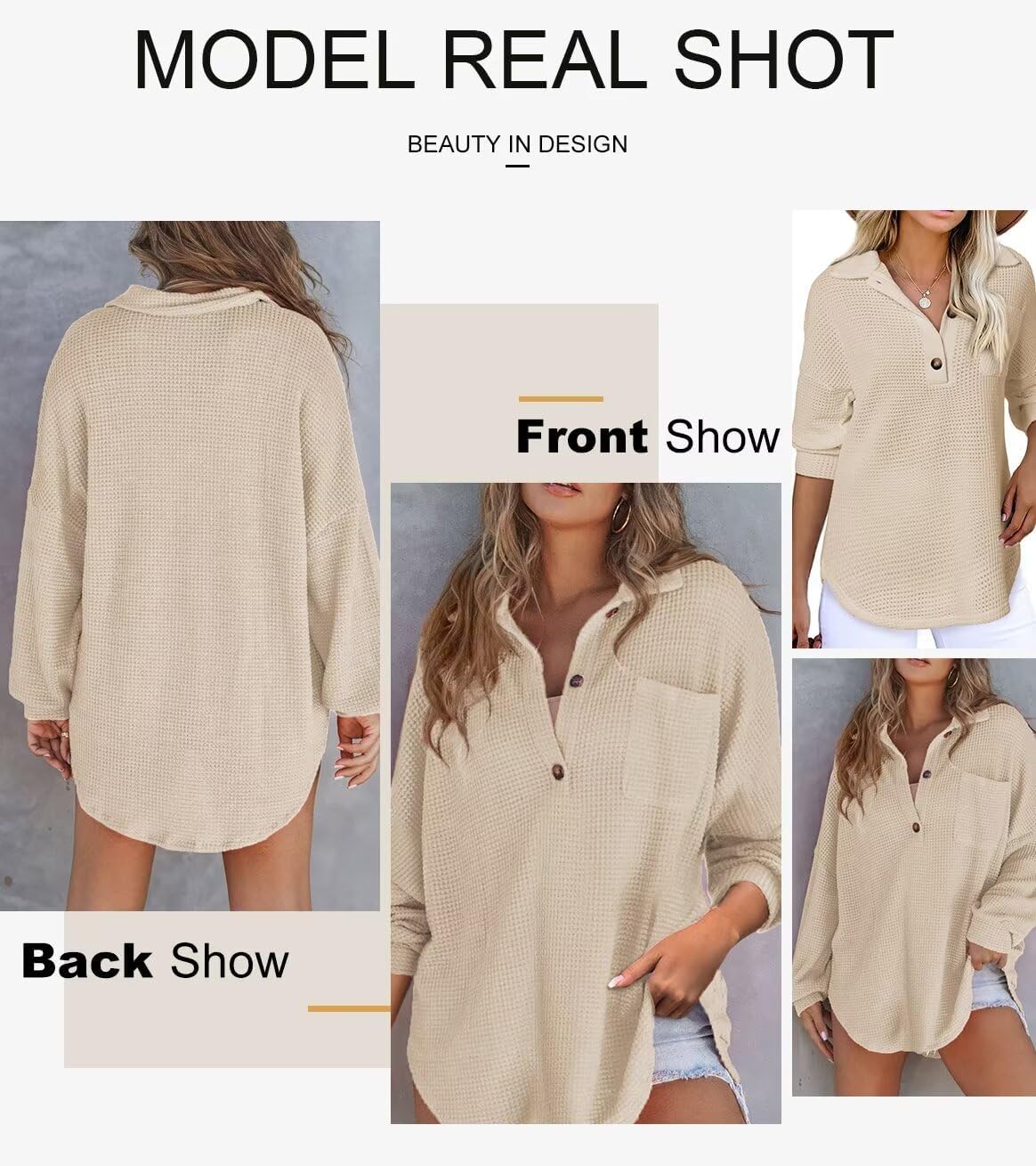 Women Waffle Knit Tops Henley Shirts Long Sleeve V Neck Solid Color Casual Tunic