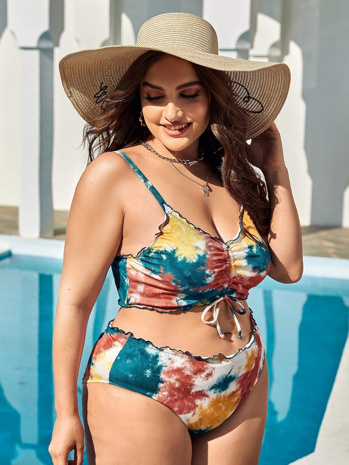 Women's Plus Size Tie Dye Rib Knit Ruched Drawstring Bikini Swimsuit - Seldom Seen Styles