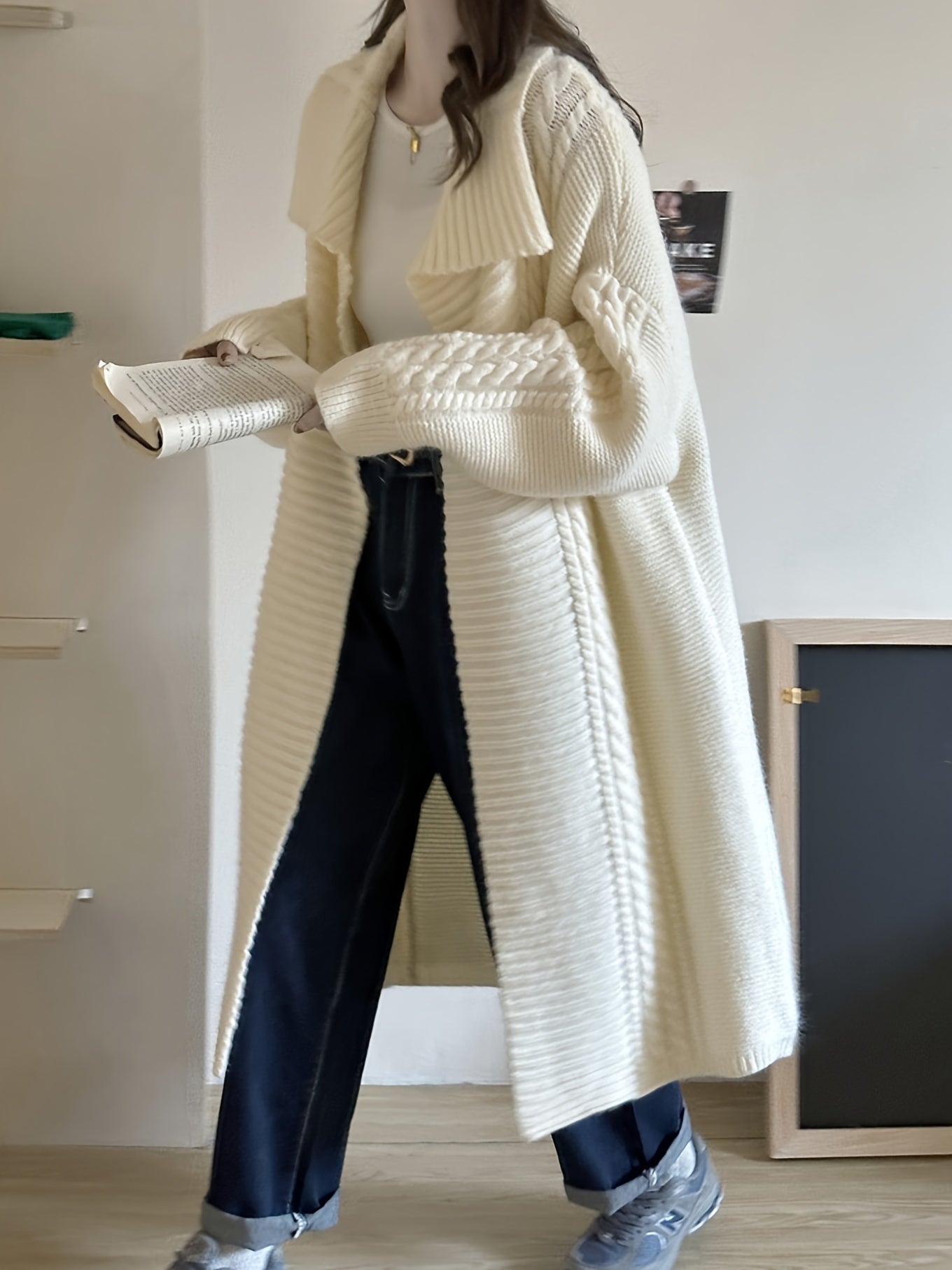 Einfarbige Strickjacke mit offener Vorderseite, elegante Strickjacke mit langen Fledermausärmeln und lockerem Revers für Herbst und Winter, Damenbekleidung