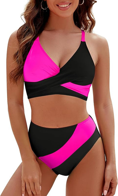 Womens High Waisted Bikini Sets Criss Cross Two Piece Swimsuits Color Block Full Coverage Bathing Suits - Seldom Seen Styles