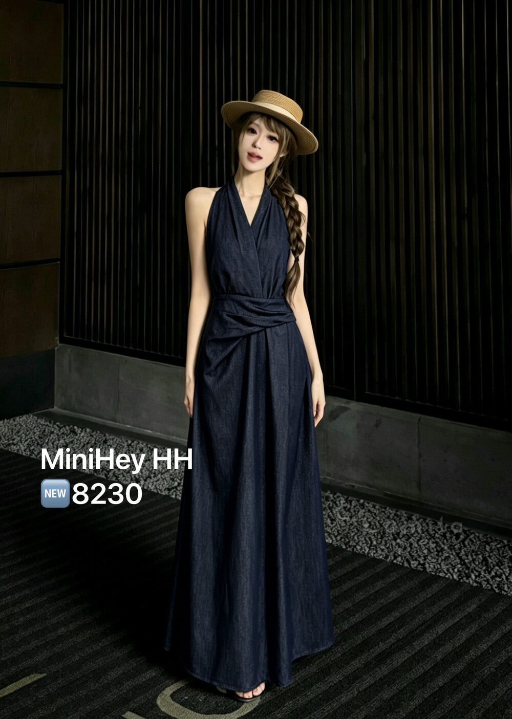 Women's Dark Navy Denim Halter Neck Wrap Ruched Maxi Dress Sleeveless Backless S M L MiniHey HH8230 - Seldom Seen Styles
