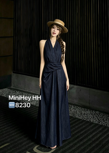 Women's Dark Navy Denim Halter Neck Wrap Ruched Maxi Dress Sleeveless Backless S M L MiniHey HH8230