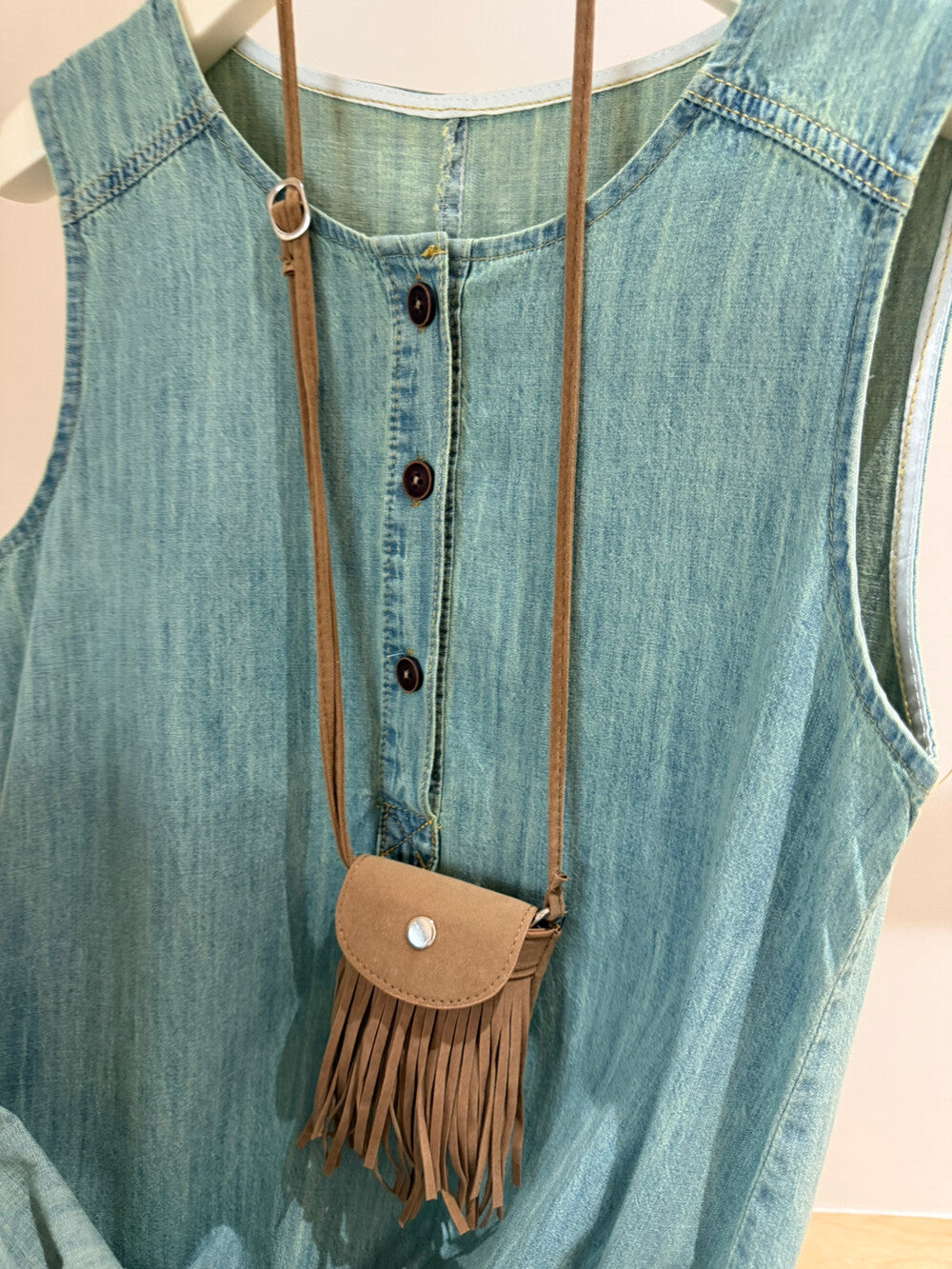 Women's Light Blue Denim Sleeveless Midi Dress Drop Waist Button Front with Free Fringe Crossbody Bag - Seldom Seen Styles