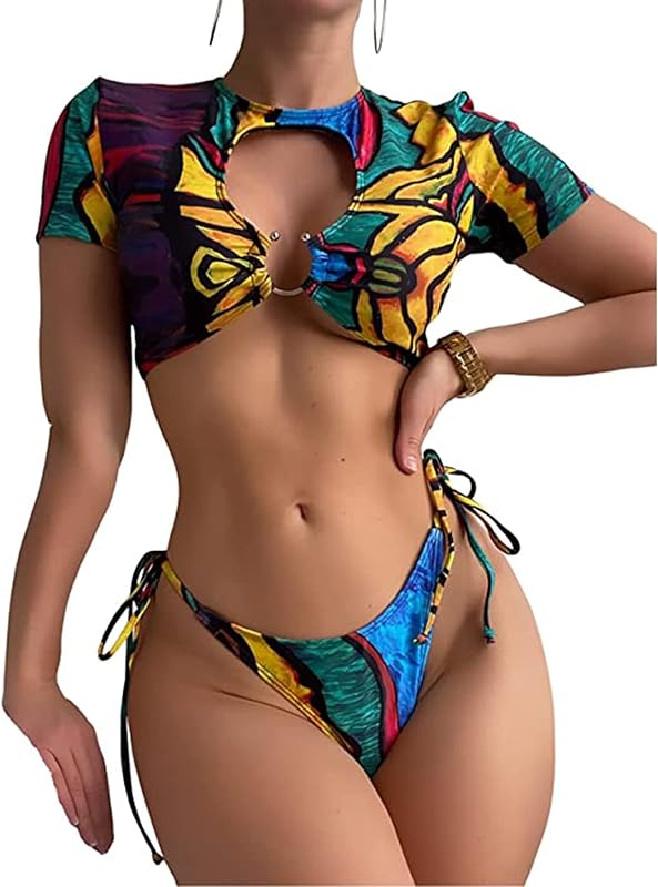 Women's 2 Piece Swimsuit Graffiti Print Cut Out Ring Linked Bikini Set Tie Side Bathing Suit - Seldom Seen Styles