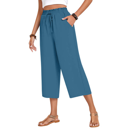 Pantalon Capri pour femme avec cordon de serrage, pantalon Palazzo décontracté avec poches, pantalon de détente ample taille haute à jambes larges