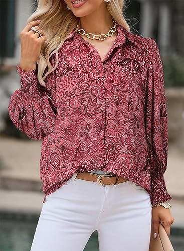 Astylish Women 2024 Loose V-Neck Shirts Paisley Print Lantern Sleeve Blouse Tops