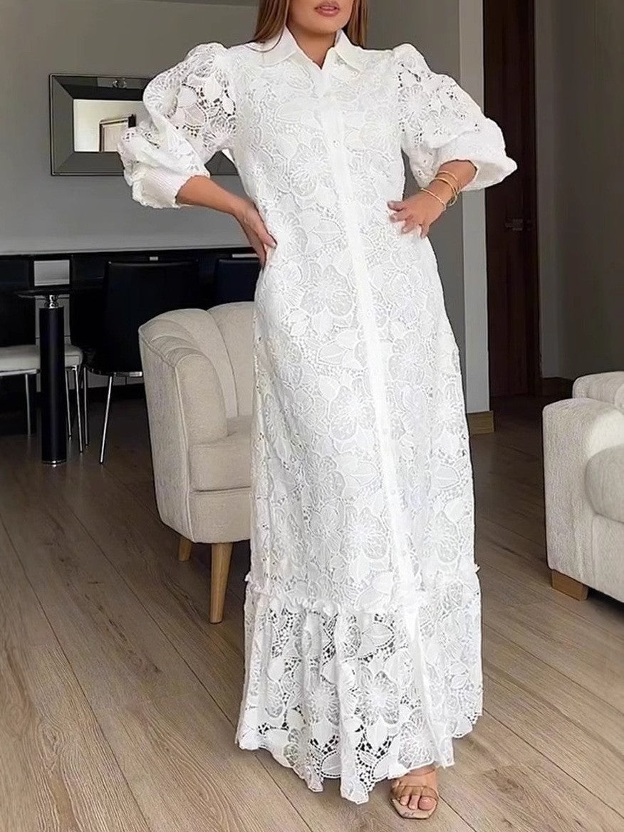 white lace dress lace maxi dress Solid Color Long Sleeve Button Hollow Lace Cardigan Dress Women's