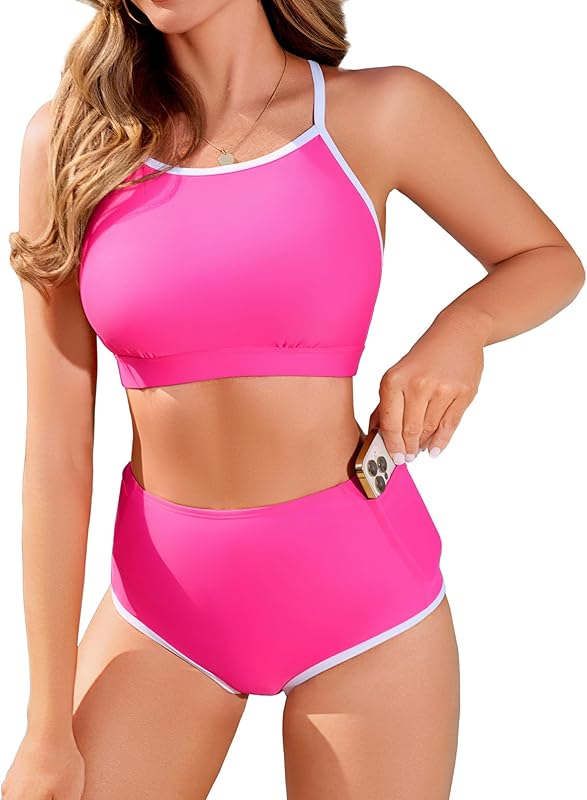 Women's High Waisted Bikini Sets Sporty Two Piece Swimsuit Tummy Control Bathing Suit with Pockets - Seldom Seen Styles